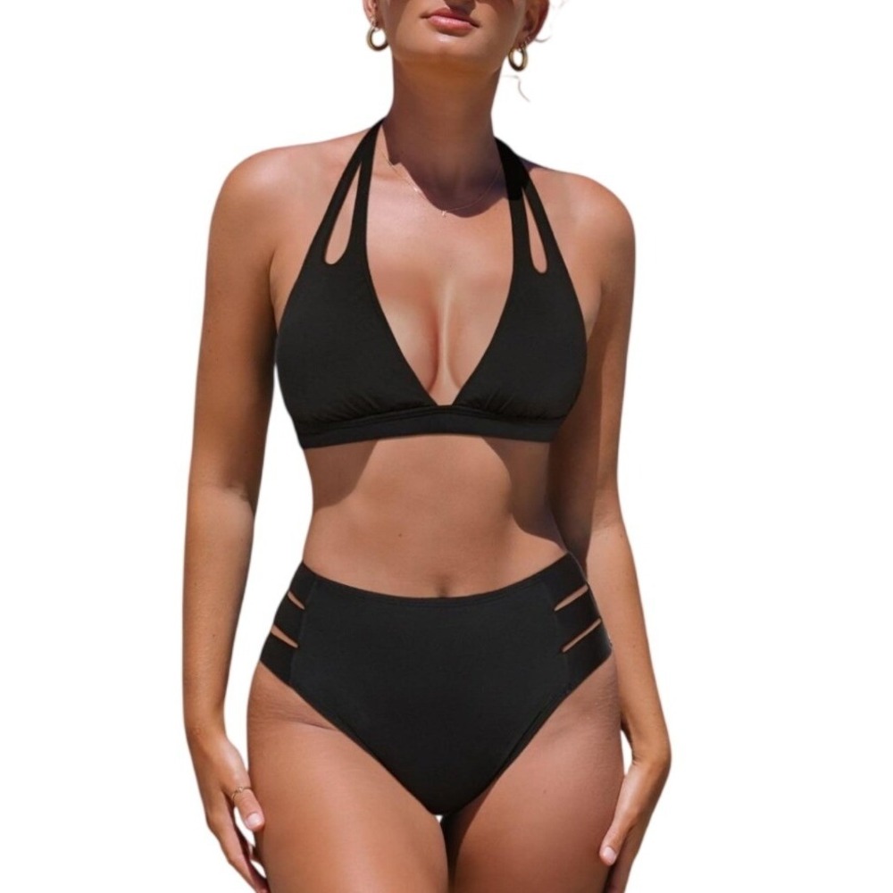 Popvil Black High Waisted Bikini Set Halter Cut Out Two Piece Swimsuit Large